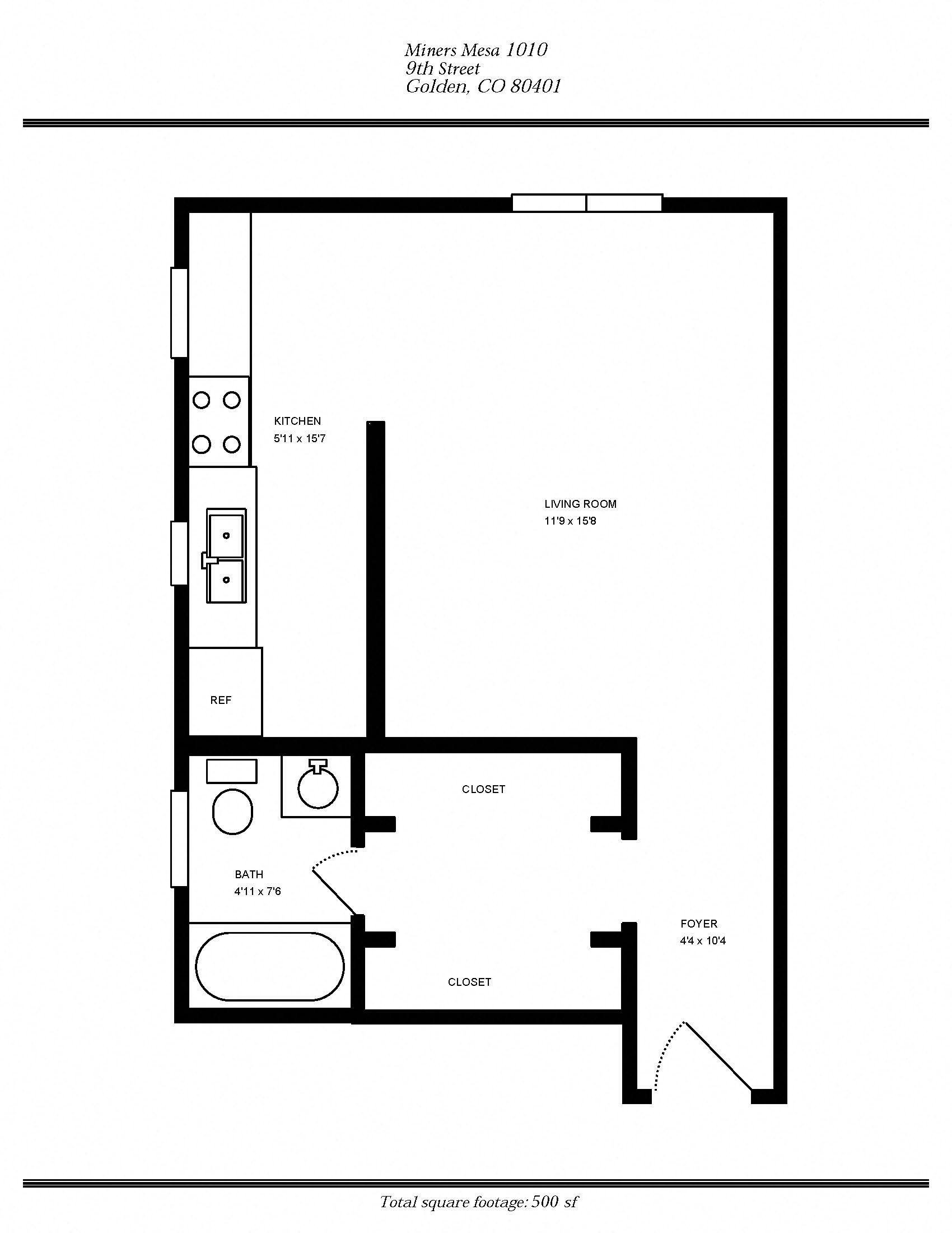 Floor plan for studio, 1 bath, 500 sqft